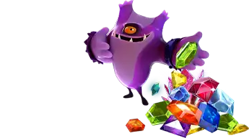 Изображение с персонажами Рокс казино, окруженными разноцветными драгоценными камнями, символизирующими регулярные награды для игроков и создающими атмосферу игры и вознаграждения.